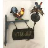 2 painted cast iron wall hanging "Welcome" signs with cockerel detail.