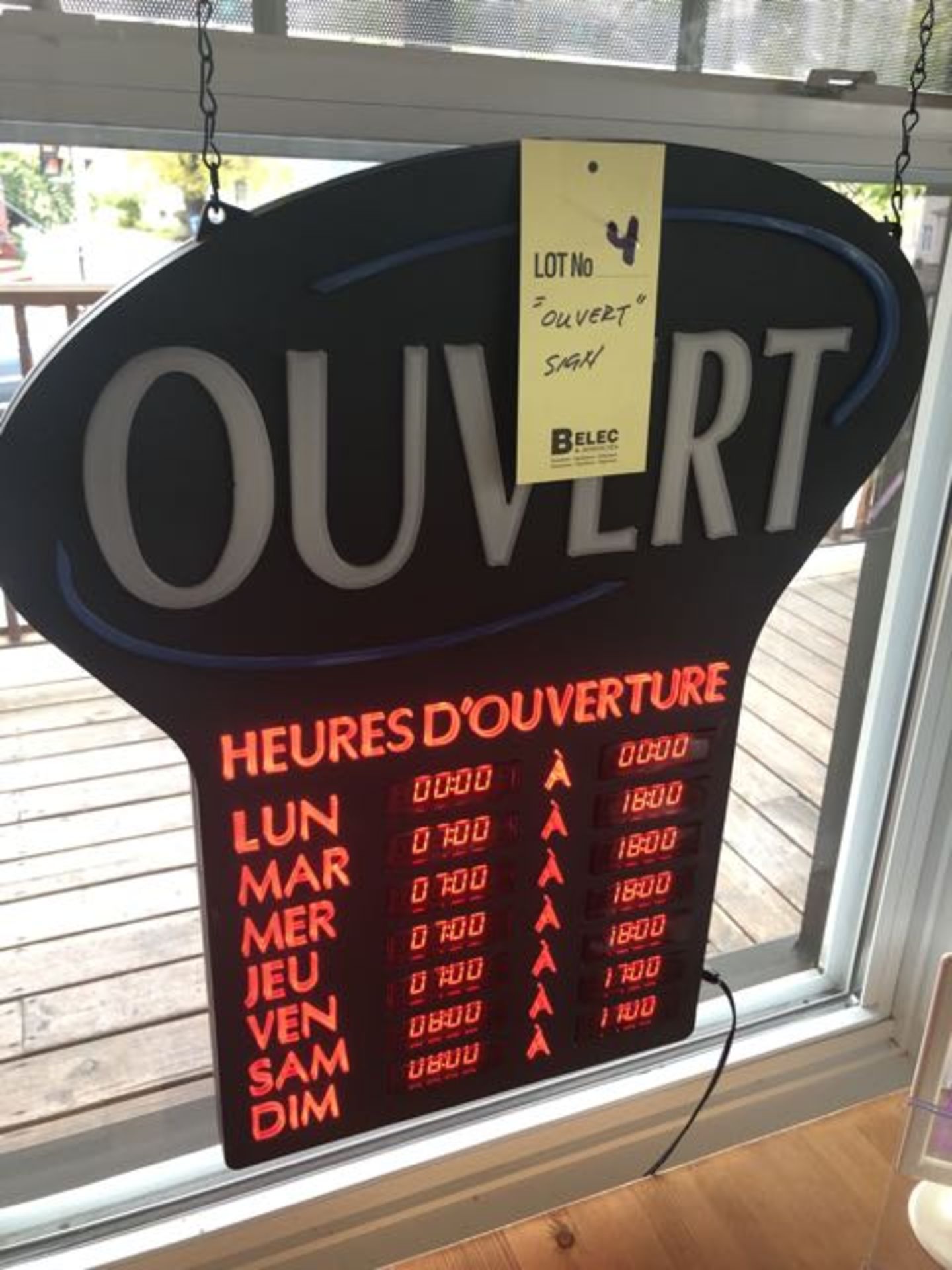 Enseigne OUVERT neon - avec heures