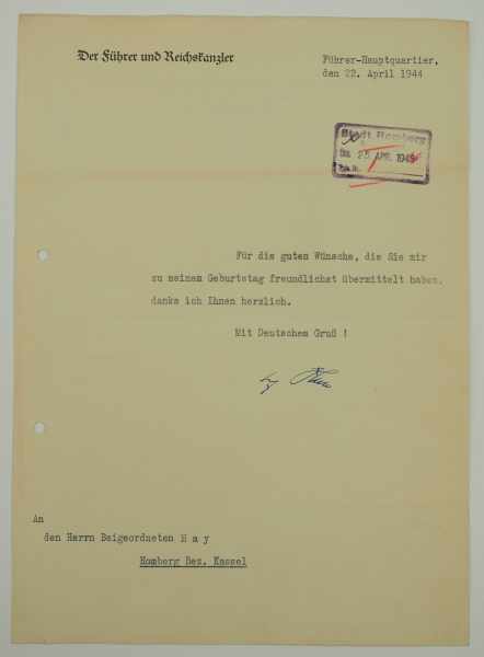 3.3.) AutographenHitler, Adolf.(1889-1945). Führer und Reichskanzler. Eigenh. Autograph auf