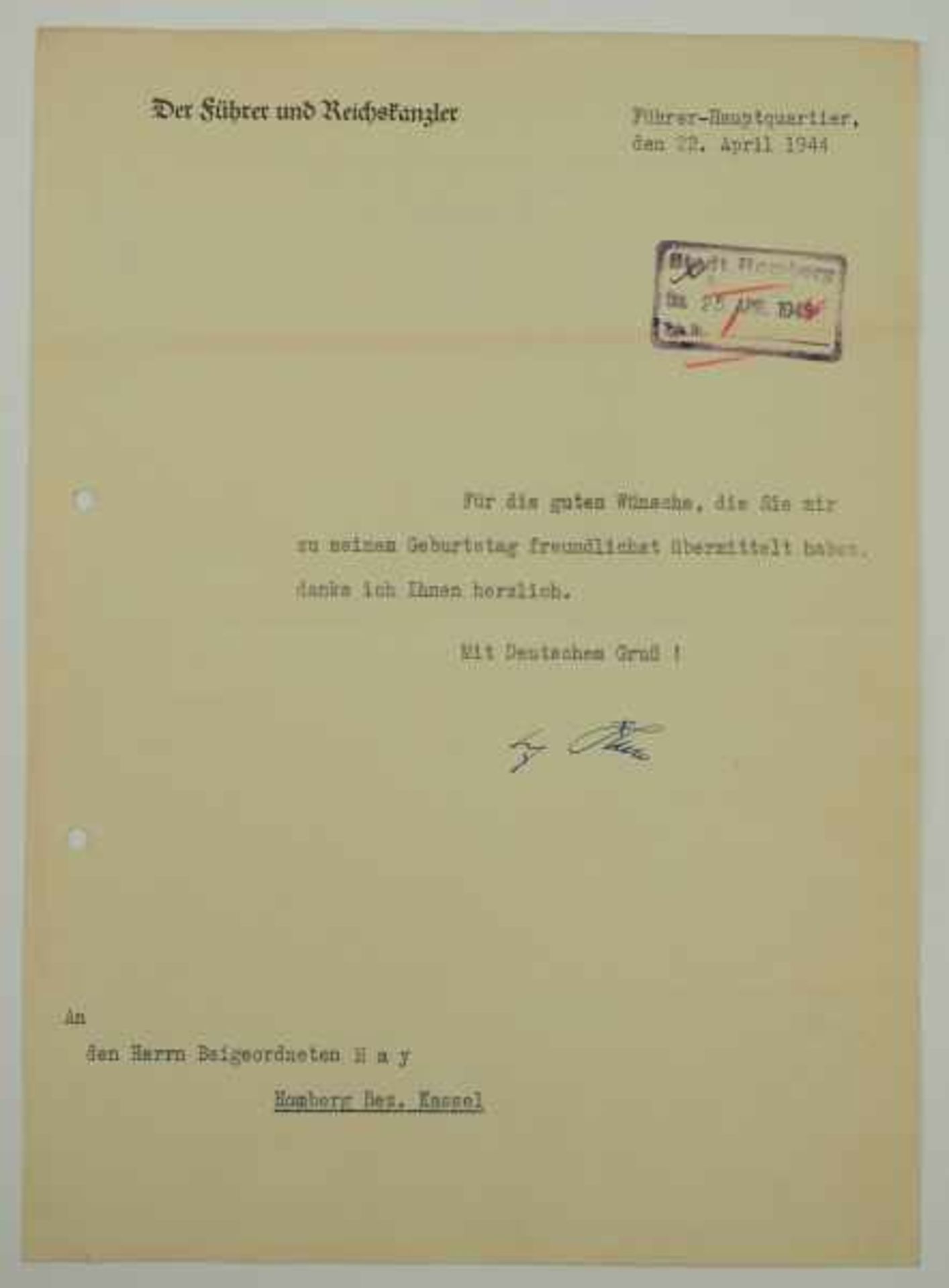 3.3.) AutographenHitler, Adolf.(1889-1945). Führer und Reichskanzler. Eigenh. Autograph auf