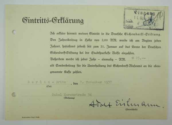 3.3.) AutographenEichmann, Adolf.(1906-1962). SS-Obersturmbannführers, Leiter im RSHA, nach der