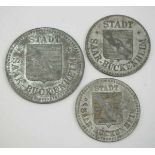 7.4.) MünzenStadt Saar-Buckenheim: Notgeld.Drei Münzen mit 5, 10 und 50 Wert als