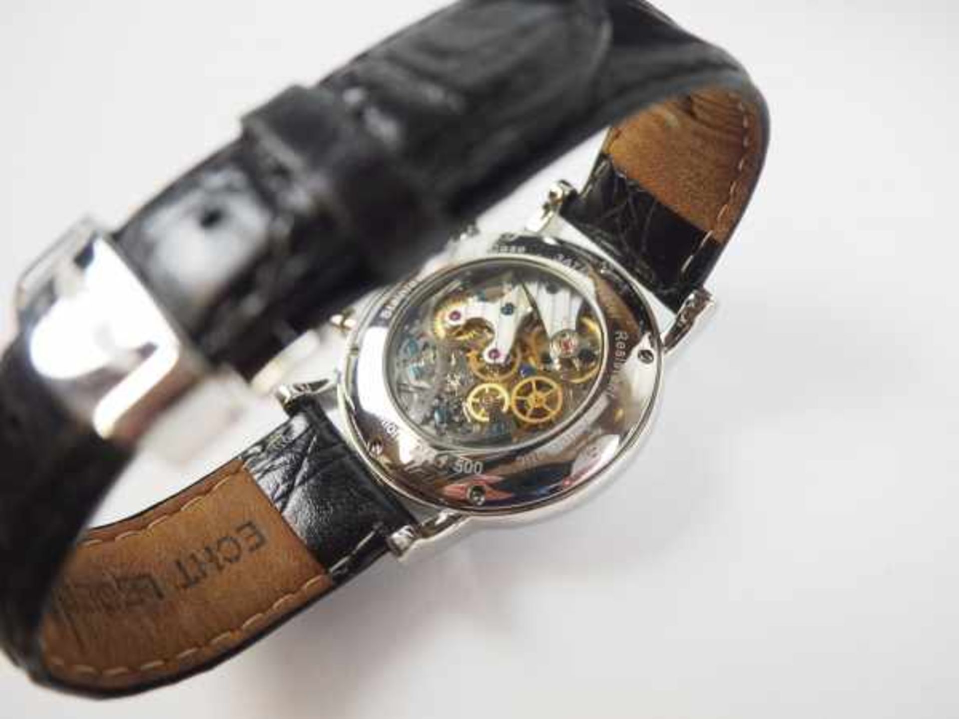 7.5.) UhrenWagner: Chronograph Classic, im Etui.Edelstahlgehäuse, Handaufzug, Glasboden, am - Image 8 of 8