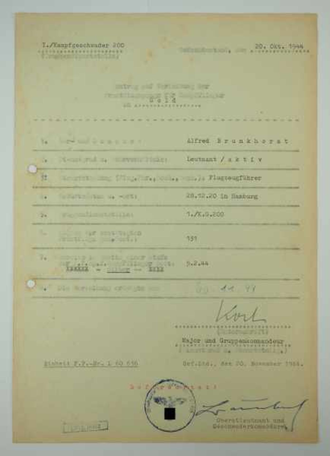 3.3.) AutographenBaumbach, Werner / Koch, Adolf.Antrag auf Verleihung der Frontflugspange für