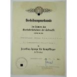 3.1.) Urkunden / DokumenteFrontflugspange, für Kampfflieger, in Bronze Urkunde für einen