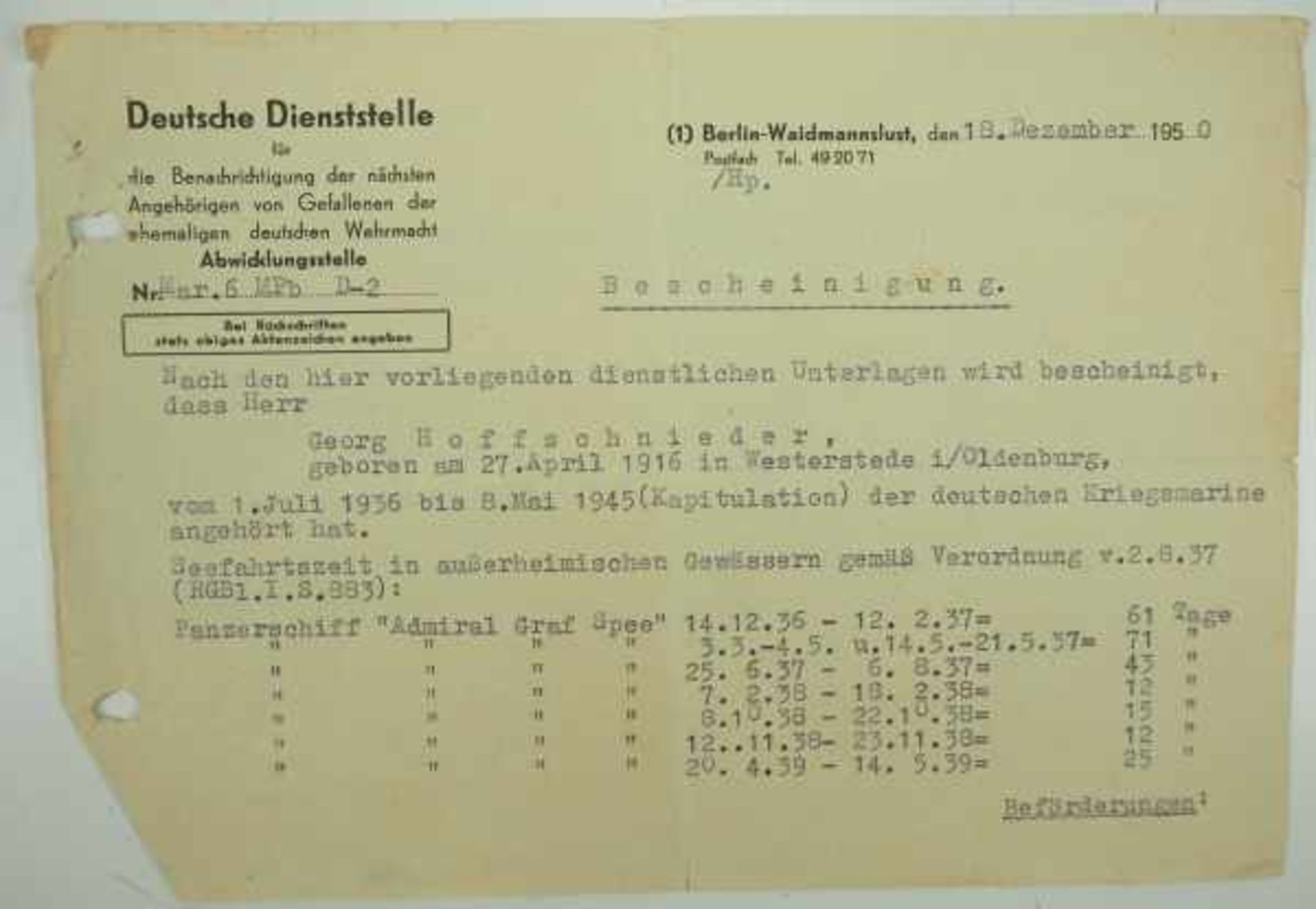 3.1.) Urkunden / DokumenteUrkundennachlass eines Matrosenhauptgefreiten des Panzerschiff "Admiral - Image 6 of 6