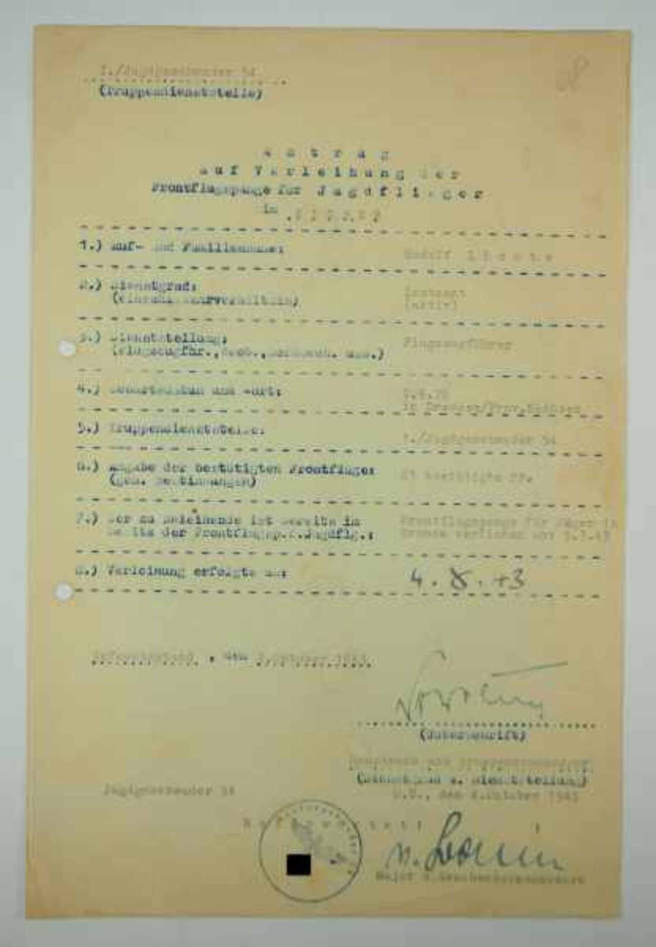 3.3.) Autographenvon Bonin, Hubertus / Nowotny, Walter.Antrag auf Verleihung der Frontflugspange für