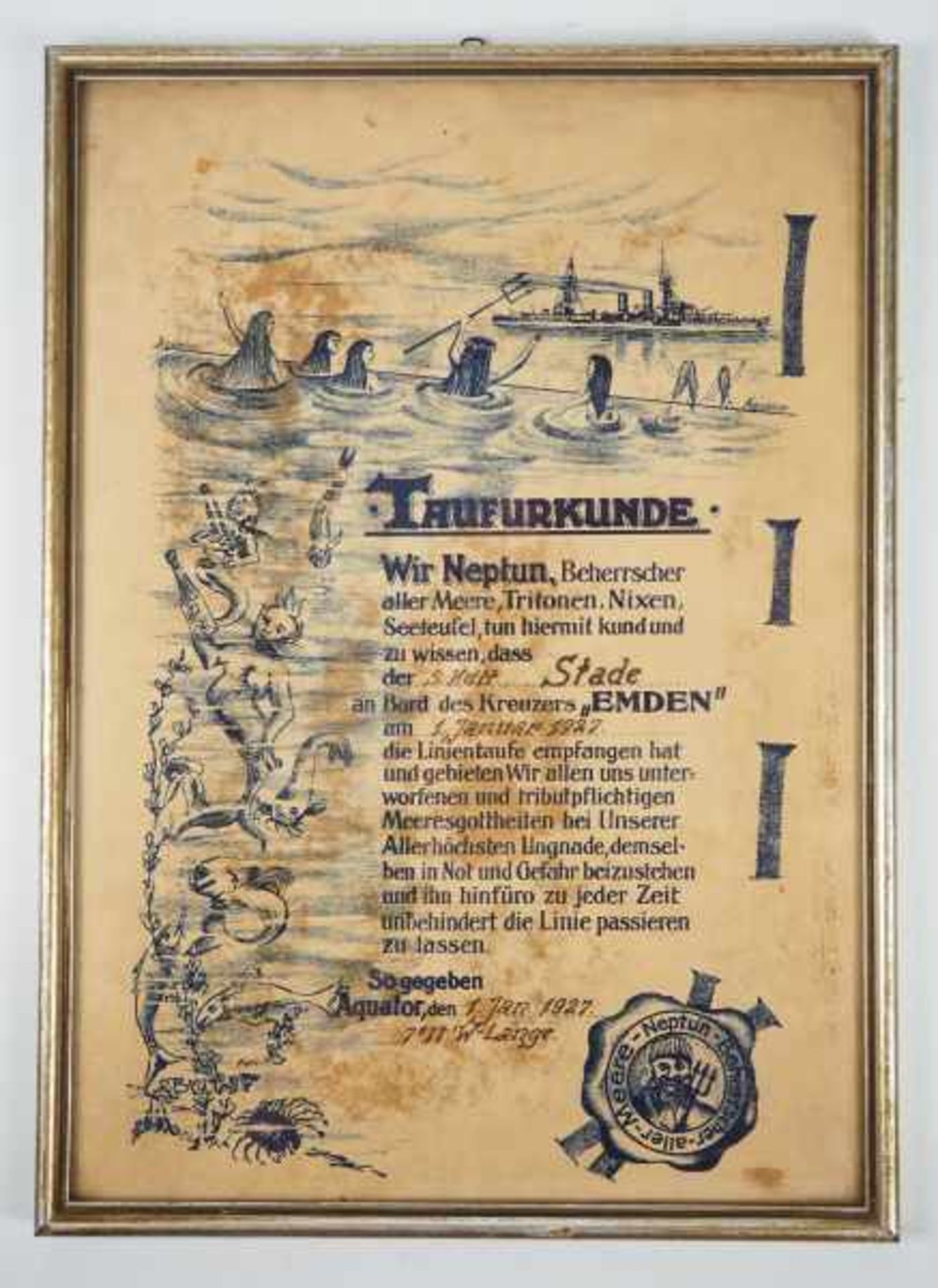 3.1.) Urkunden / DokumenteÄquator-Taufurkunde Kreuzer EMDEN.Schmucke Urkunde für einen See-Kadetten, - Image 2 of 2