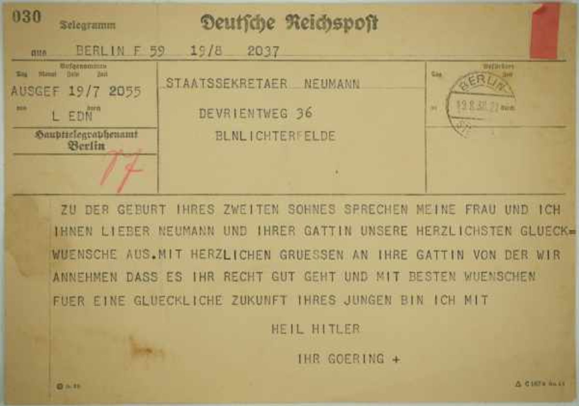 3.1.) Urkunden / DokumenteTelegramm von Goering an den Staatssekretär Neumann.Vordruck, - Image 2 of 2