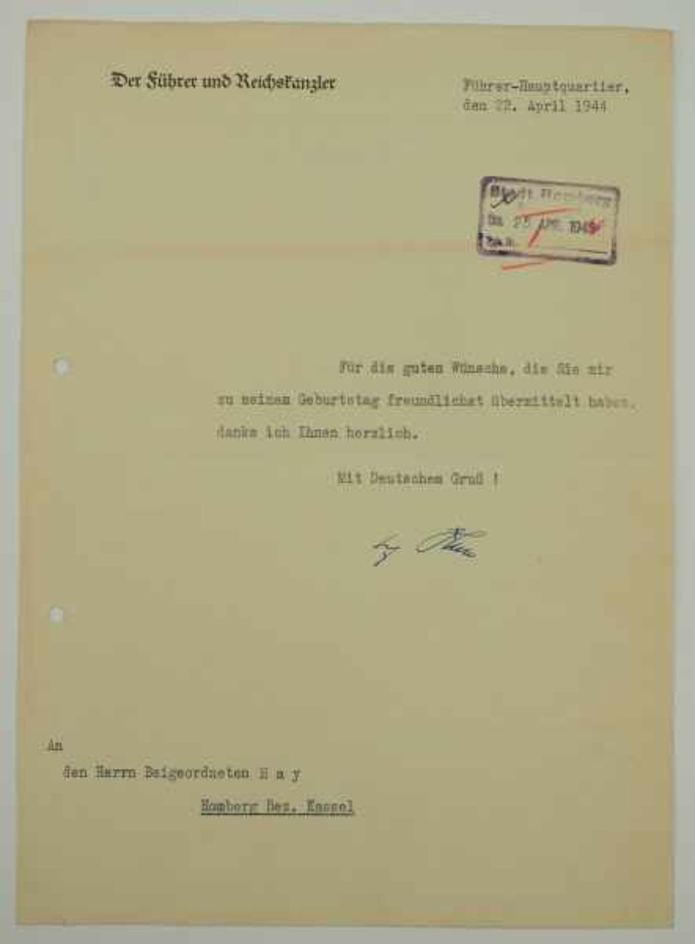 3.3.) AutographenHitler, Adolf.(1889-1945). Führer und Reichskanzler. Eigenh. Autograph auf - Image 2 of 4