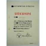 3.1.) Urkunden / DokumenteNachlass eines Hauptsturmführers - SS-Heimwehr Danzig.- Urkunde zur