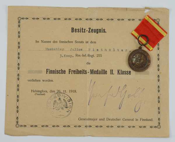 3.1.) Urkunden / DokumenteFinnland: Finnische Freiheits-Medaille II. Klasse, Urkunde für einen - Image 2 of 2