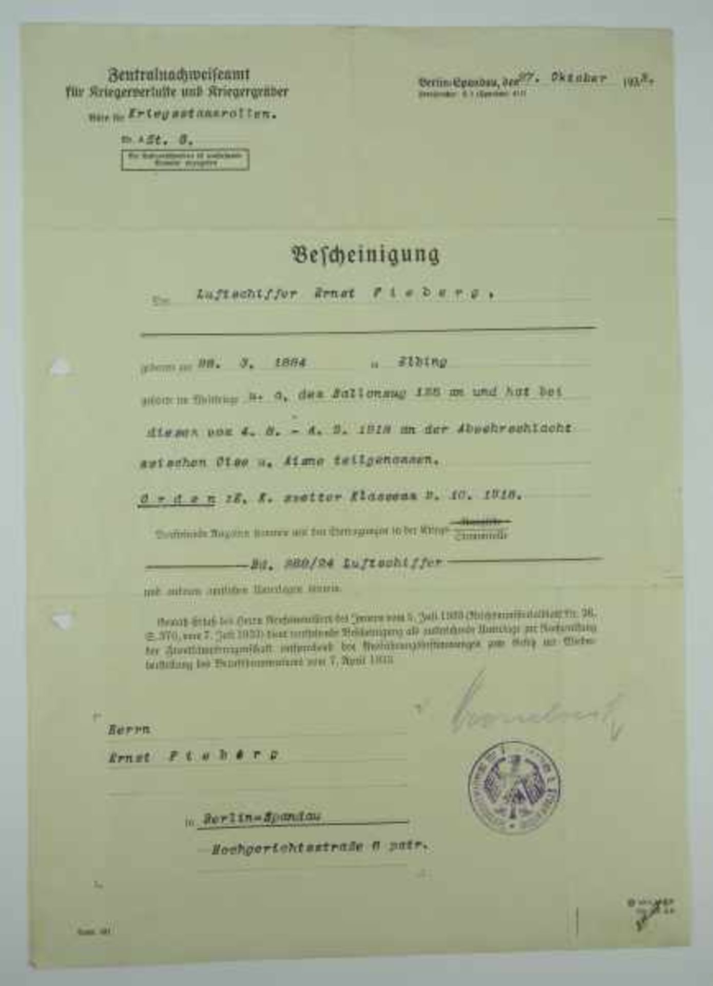 3.1.) Urkunden / DokumentePreussen: Eisernes Kreuz, 1914, 2. Klasse Bescheinigung für einen - Image 2 of 2