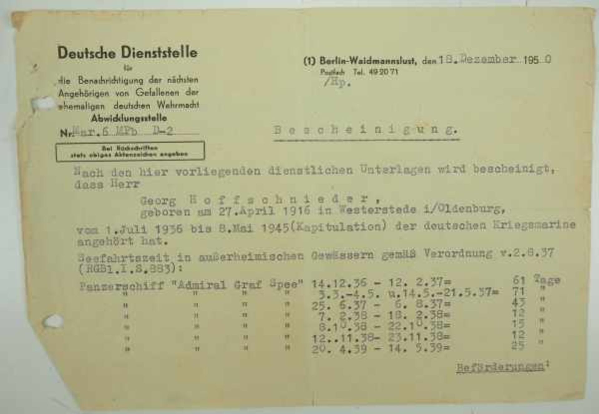 3.1.) Urkunden / DokumenteUrkundennachlass eines Matrosenhauptgefreiten des Panzerschiff "Admiral - Image 5 of 6