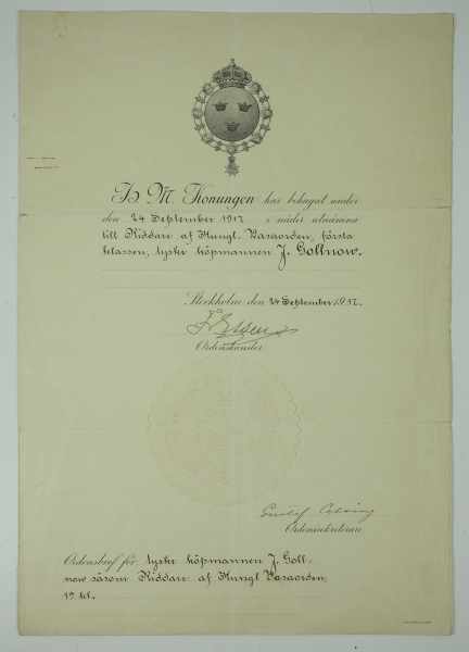 3.1.) Urkunden / DokumenteSchweden: Königlicher Wasa-Orden, Ritterkreuz 1. Klasse Urkunde. - Image 2 of 2