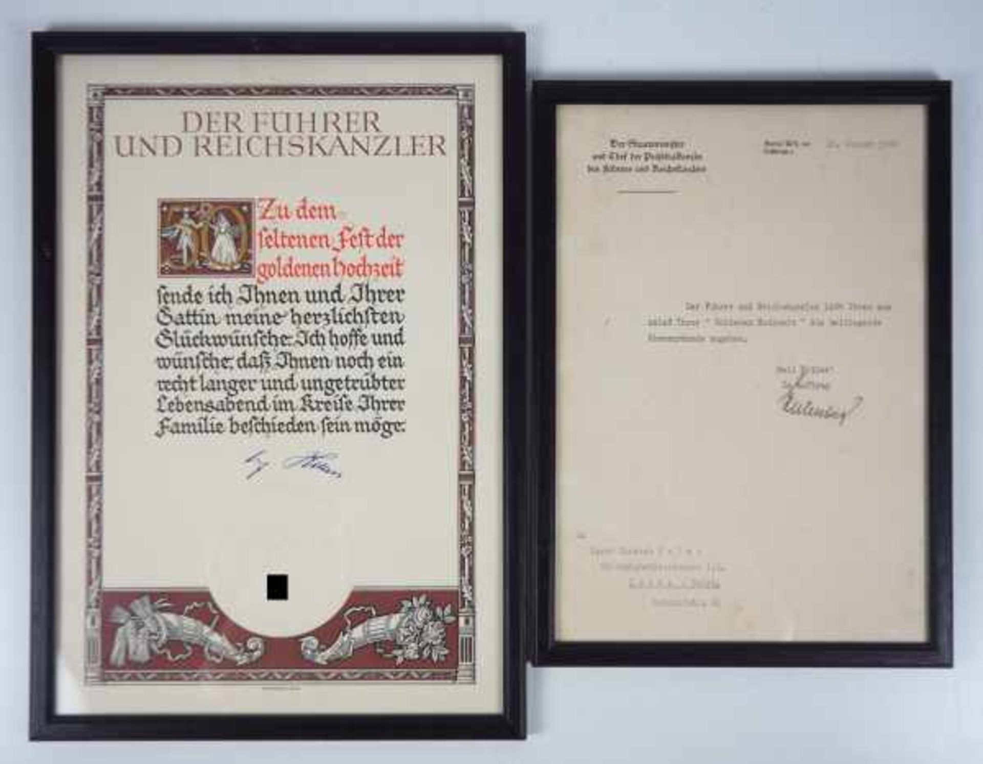 3.1.) Urkunden / DokumenteUrkunde zur "Goldenen Hochzeit".- Schmuckurkunde, farbig gefasst,