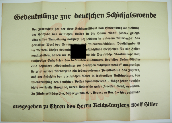 Gedenkmünze zur deutschen Schicksalswende - Plakat.Vodruck, gefaltet.Zustand: II