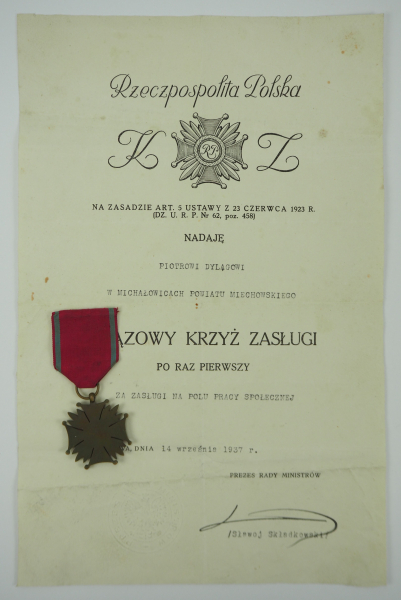 Polen: Orden Polonia Restituta, Bronze Kreuz, mit Urkunde.Bronze, am Bande, Urkunde (Warschau, 1937, - Image 2 of 2