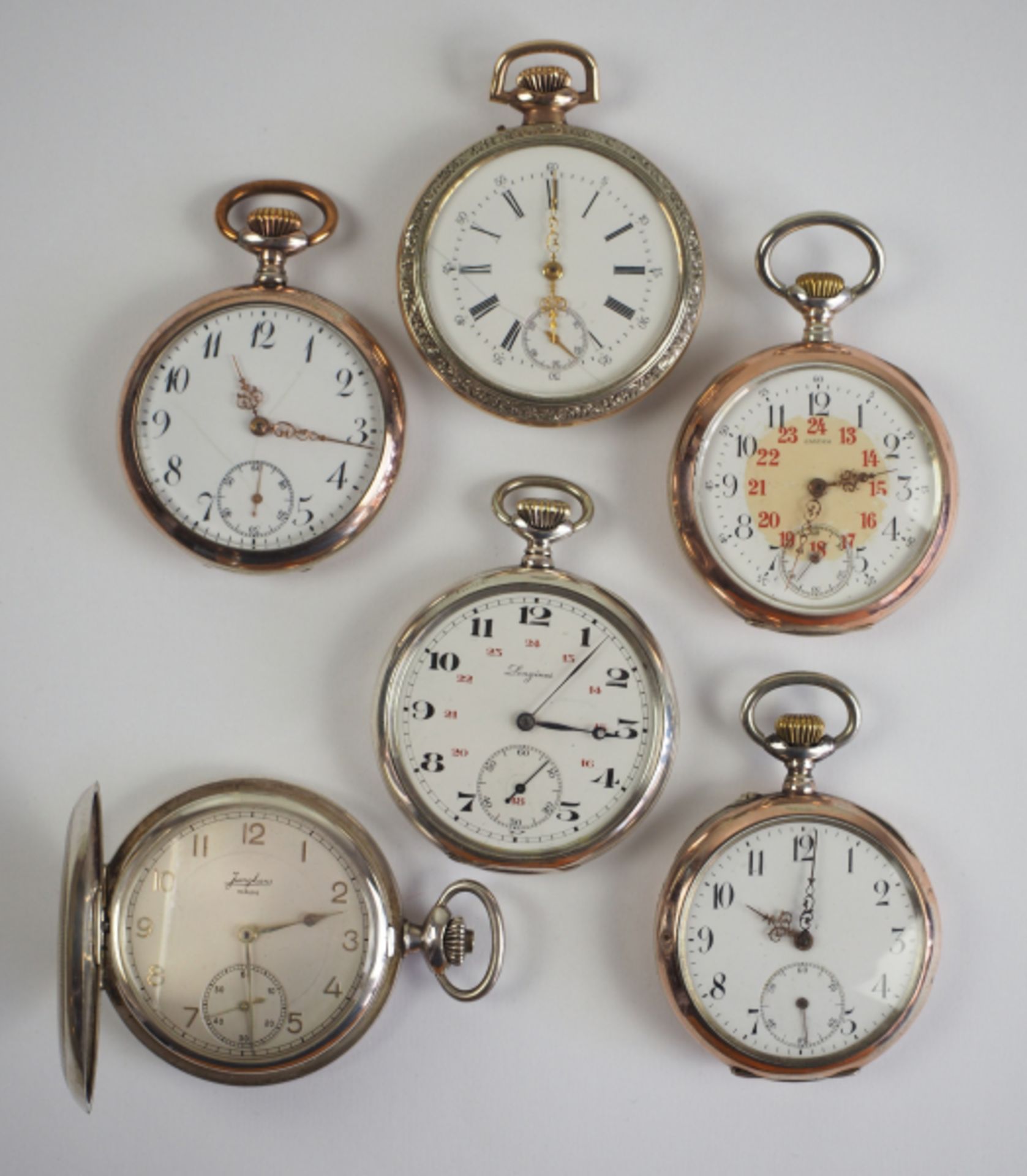 Lot von 6 Taschenuhren.Diverse, u.a. Omega,und Longines.Funktionsfähig.Zustand II-III