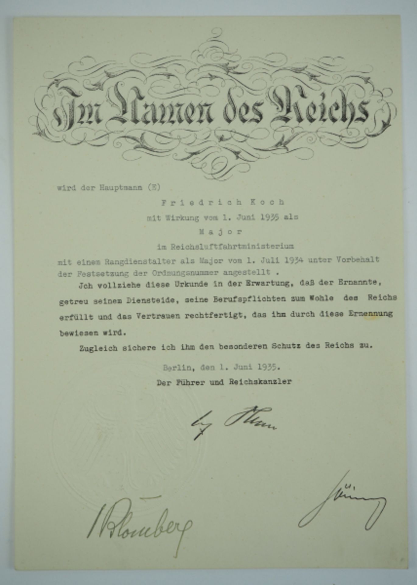 Hitler, Adolf / Göring, Hermann / v. Blomberg, Werner.Patent für einen Major, Vordruck,