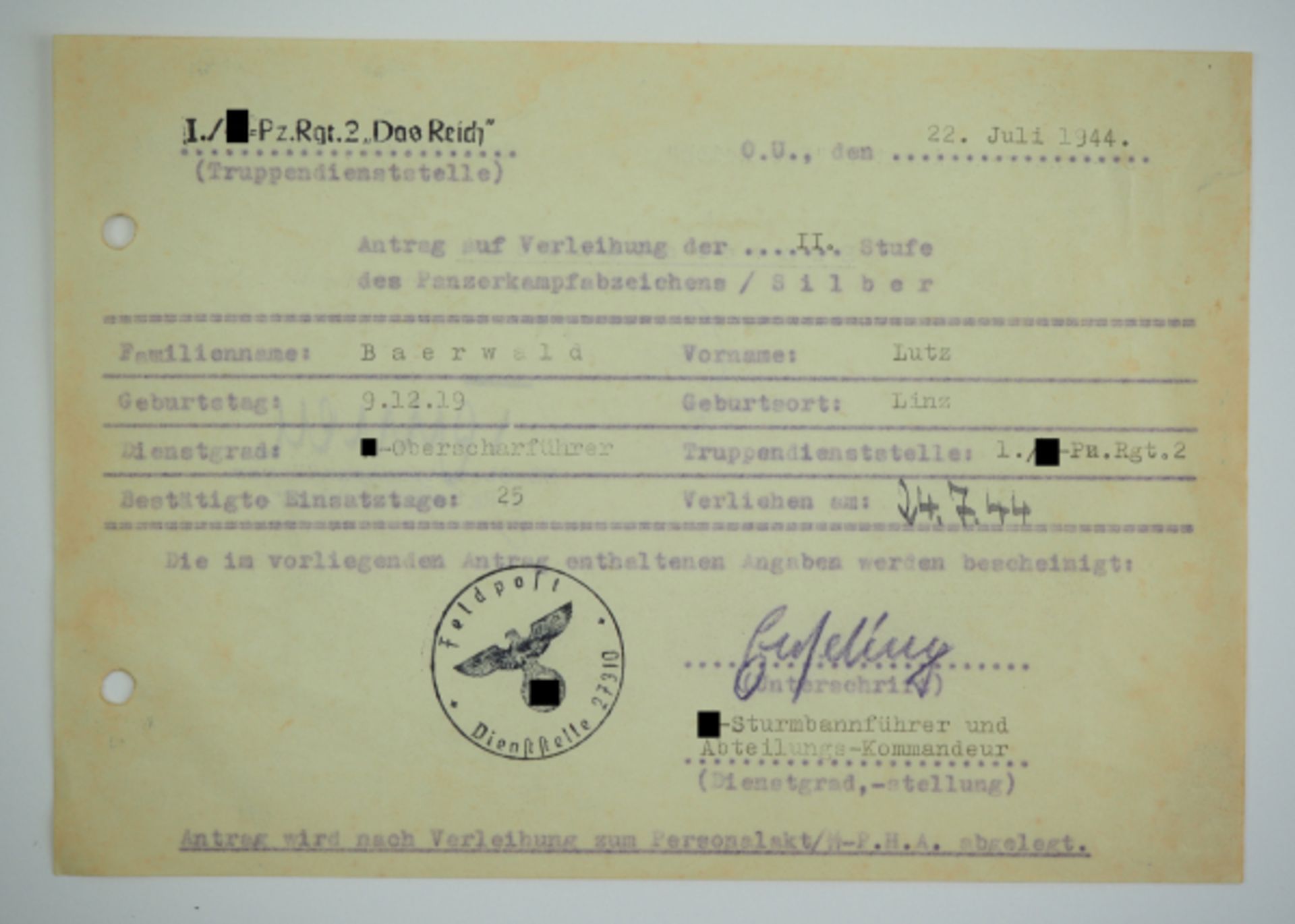 Tychsen, Christian / Enseling, Rudolf.Antrag auf Verleihung der 2. Stufe des Panzerkampfabzeichen in