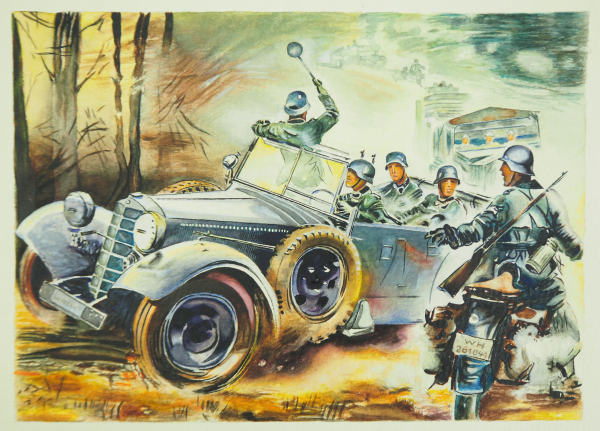 Wehrmacht: Gemälde eines Konvois.Aquarell und Deckfarbe auf Karton, Wehrmachtskonvoi in Fahrt, mit