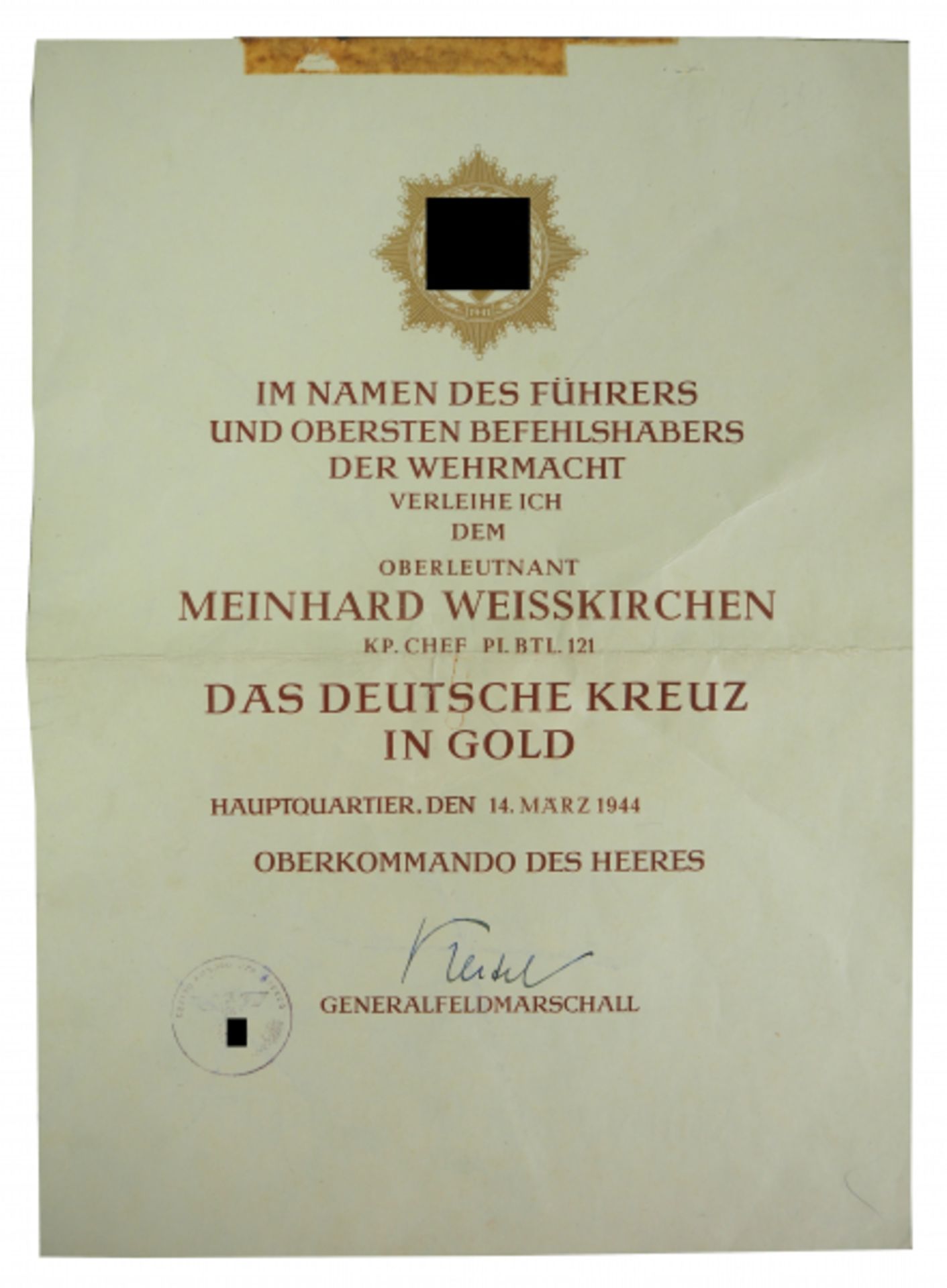 Deutsches Kreuz in Gold Urkunde für einen Kompanie Chef im Pionier Bataillon 121.Vordruck, gefaltet,