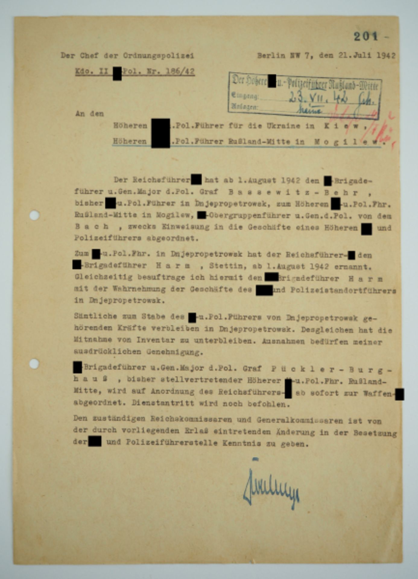 Daluege, Kurt.(1897-1946). Chefs der OrPo, SS-Oberst-Gruppenführer (RKdKVKmX, DKiS), Dienstschreiben