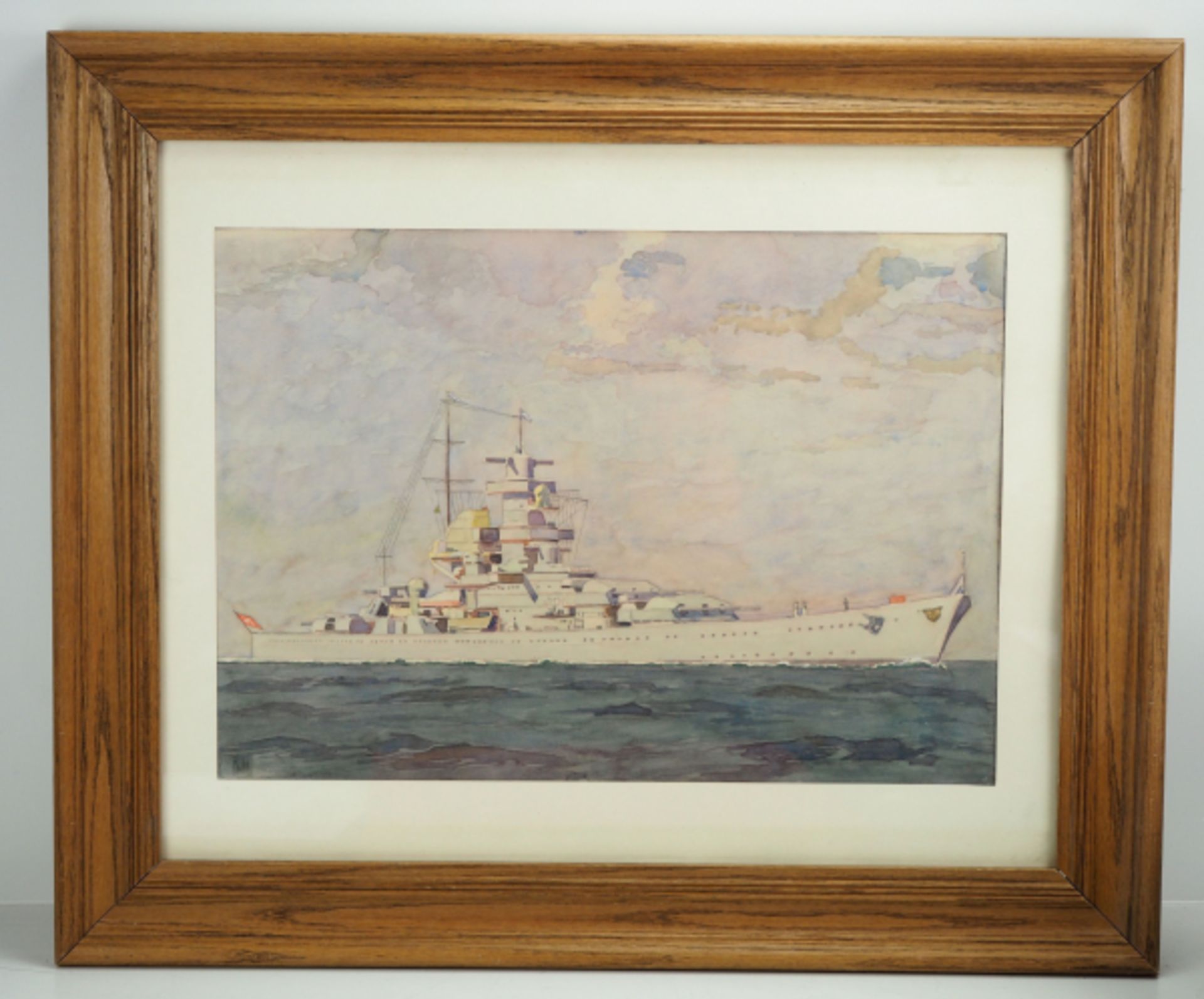 Aquarell des Schlachtschiff Scharnhorst.Farbig aquarelliert, li.u. signiert K.H., gerahmt hinter