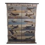 Luftwaffe: Schulungsplakat Flugzeuge.Farbig bedruckte Leinwand mit den verschiedenen Flugzeugtypen.