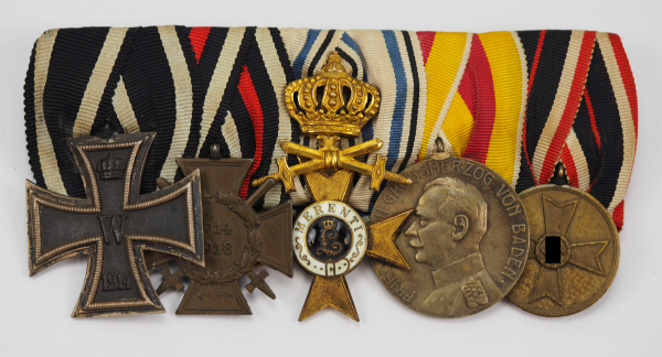 Bayern: Ordenschnalle eines Frontsoldaten mit 5 Auszeichnungen.1.) Preussen: Eisernes Kreuz, 1914,