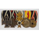 Bayern: Ordenschnalle eines Frontsoldaten mit 5 Auszeichnungen.1.) Preussen: Eisernes Kreuz, 1914,
