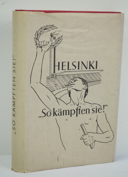 Olympiade 1952 Helsinki - Raumbildalbum.Roter Leineneinband, Gold geprägt, mit Schutzumschlag, mit