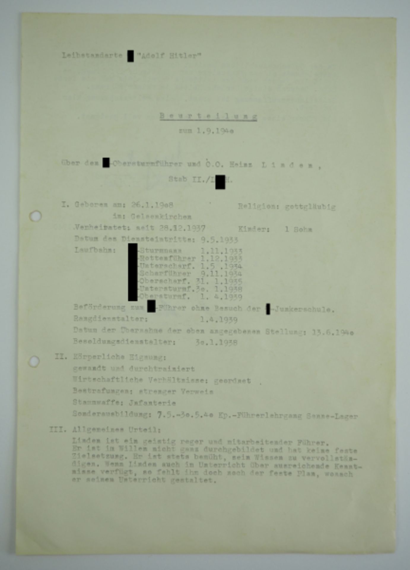 Mohnke, Wilhelm / Dietrich, Sepp.Beurteilung des SS-Obersturmführers Heinz Linden (DKiG) durch