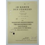 Verdienstauszeichnung für Angehörige der Ostvölker, 2. Klasse in Bronze Urkunde für einen