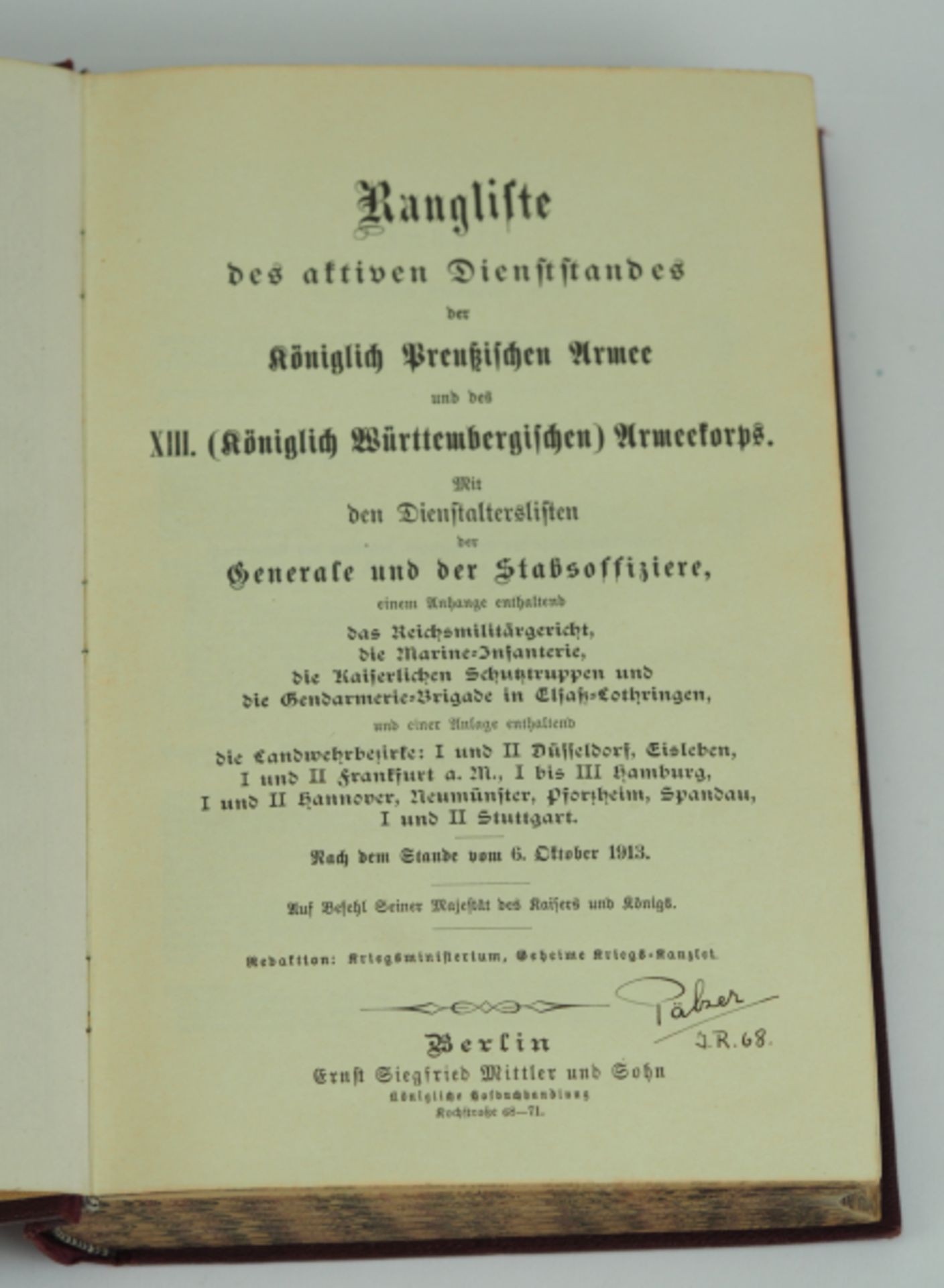 Rangliste 1913.Roter Einband mit Goldprägung, nach dem Stande vom 6. Oktober 1913.Zustand: II - Image 2 of 2