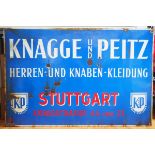 Emailschild Knagge und Peitz - Stuttgart.Blauer Grund, weiße und rote Schrift, mit Firmenlogo,