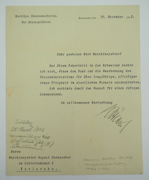 Köhler, Heinrich.(1878-1949). Finanzminister der Republik Baden, zweifach Staatspräsident in den