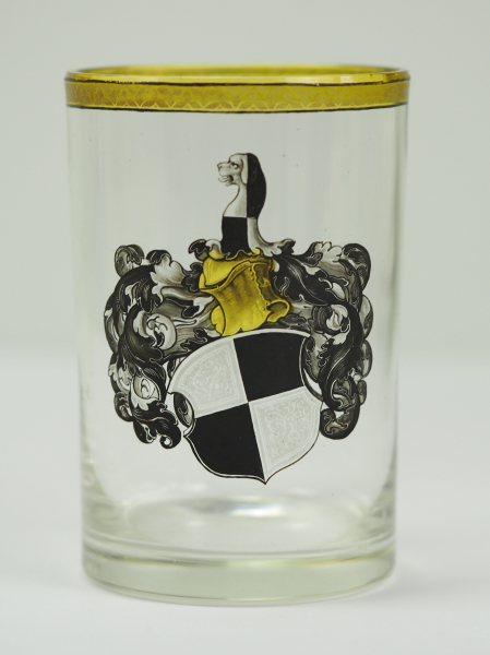 Hohenzollern: Glasbecher.Glas, mit farbig gefasstem Hohenzollern Wappenschild, darüber Helm, der