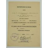 Verwundetenabzeichen, 1939, Schwarz Urkunde für einen Oberzahlmeister im Stab der 95 Infanterie-