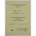 Kriegsverdienstkreuz, 2. Klasse mit Schwertern Urkunde für einen SS-Oberscharführer b. Höchsten