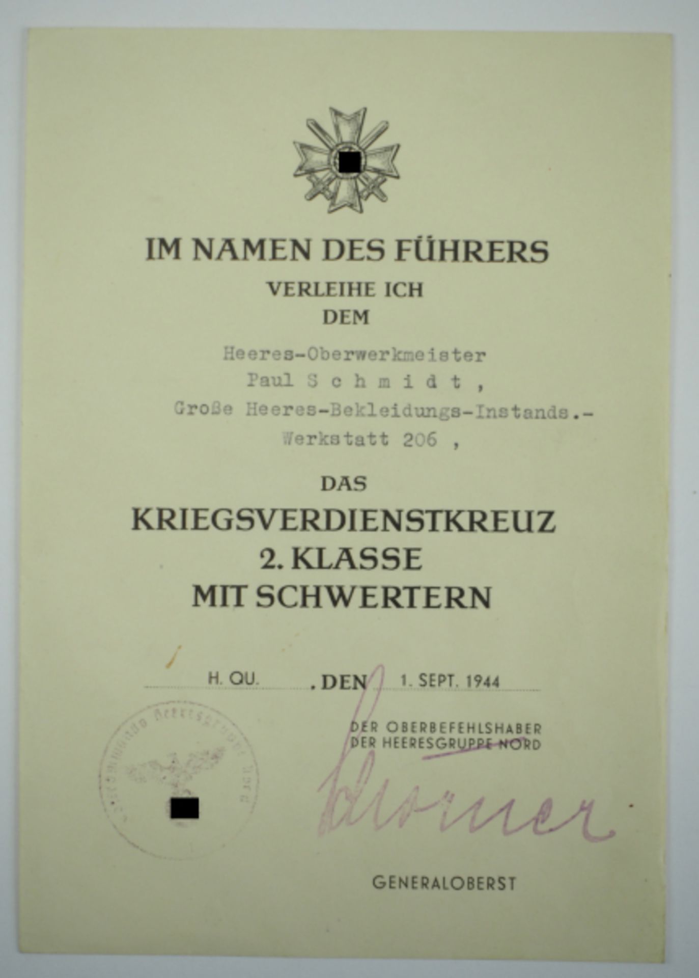 Kriegsverdienstkreuz, 2. Klasse mit Schwertern Urkunde für einen Heeres-Oberwerkmeister der Großen