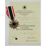 Kriegsverdienstkreuz, 2. Klasse mit Schwertern und Urkunde für einen Unteroffizier im Stab / F.B.