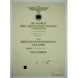 Kriegsverdienstkreuz, 2. Klasse Urkunde für einen Oberstaatsanwalt in Karlsruhe.Vordruck, gelocht,