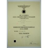 Kriegsverdienstkreuz, 2. Klasse Urkunde für einen Direktor der Stadtwerke in Elbing.Vordruck,