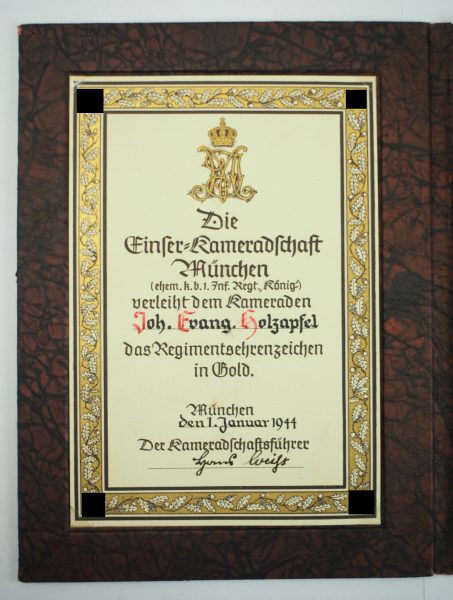 Bayern: Kgl. Bayer. 1. Infanterie Regiment "König", Regimentsehrenzeichen, in Gold, mit Urkunde. - Image 4 of 5