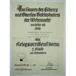 Kriegsverdienstkreuz, 2. Klasse mit Schwertern Urkunde für einen Unteroffizier der 4./ Eisb. Bau-