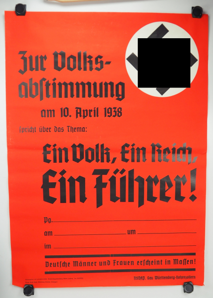 Wahlplakat zur Volksabstimmung am 10. April 1938.Unbeschädigt, eingerollt.Zustand: I-- - -23.00 %