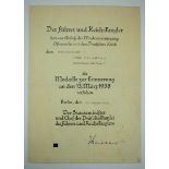 Medaille zur Erinnerung an den 13. März 1938 Urkunde für einen Motorenschlosser der Aufklärungs-