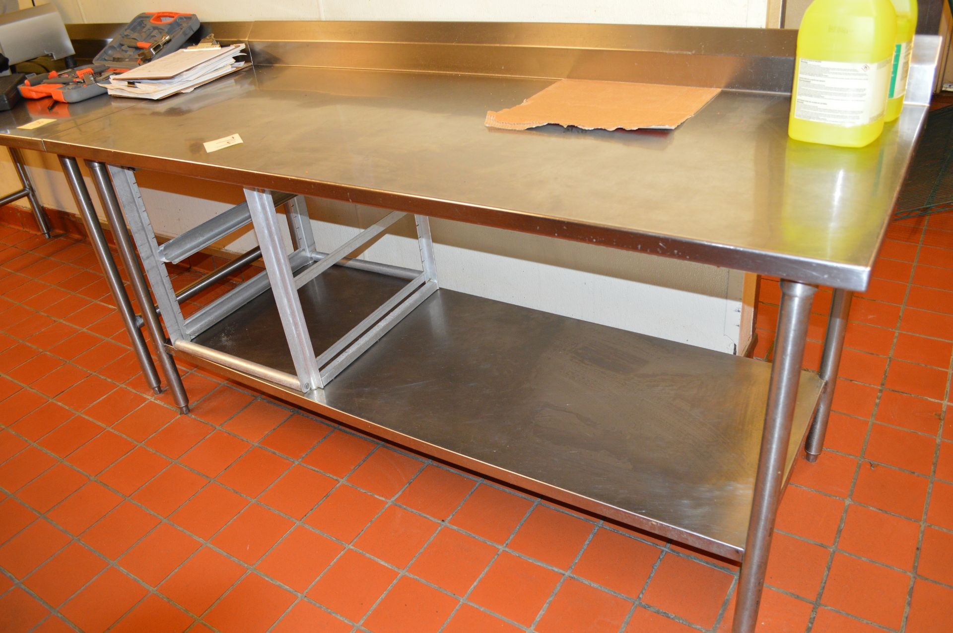 6 FOOT STAINLESS STEEL WORK TABLE WITH BACKSPLASH AND BOTTOM SHELF